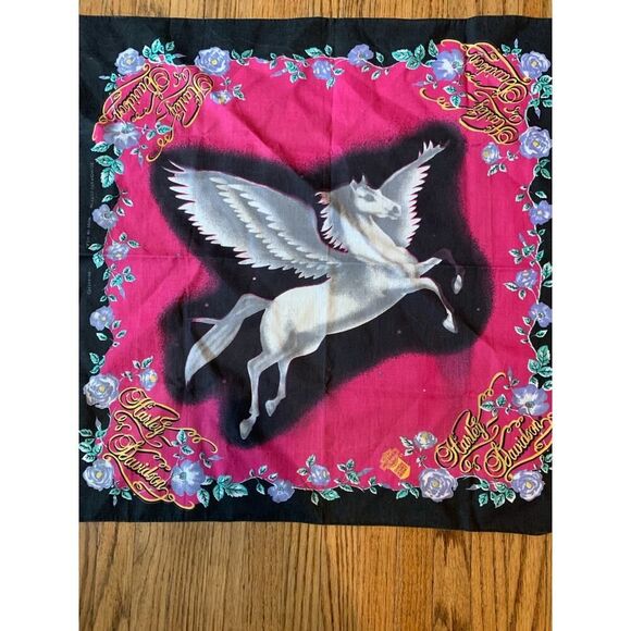 Harley Davidson Pink Unicorn Pegasus Bandana Rag Scarf Cotton VTG Kerchief 90s - Picture 6 of 13
